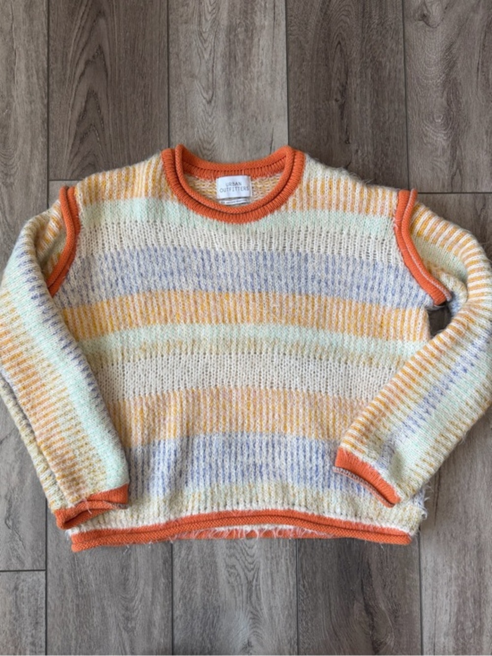 Urban Outfitters- Cozy Pastel Striped Crewneck Sweater with Orange Trim - Picture 1 of 11